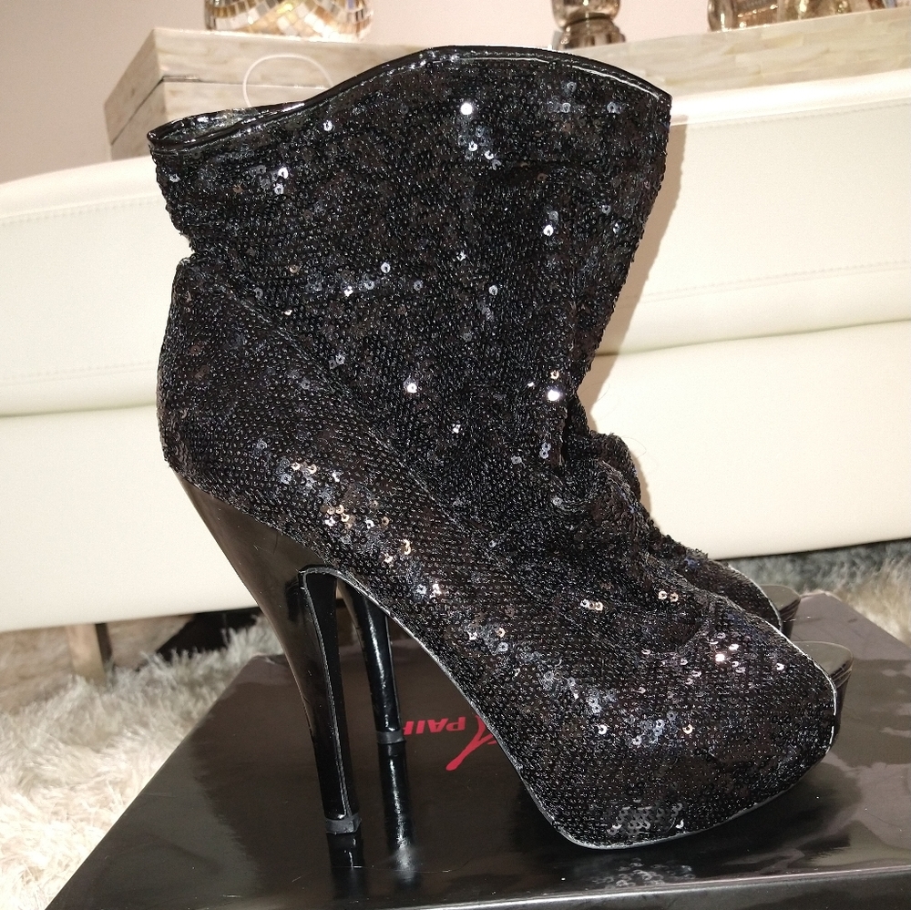 Black Sequin Peep Toe Booties - image 1